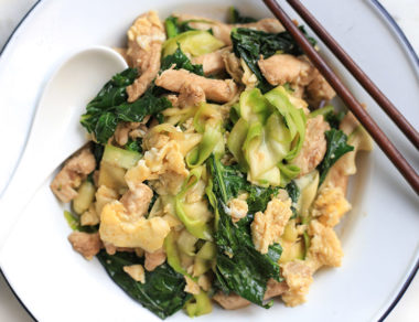 Gluten-free and low-carb, this classic Pad See Ew Thai dish is made Paleo-friendly with sliced zucchini noodles.