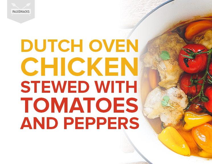 Simmer these Dutch oven chicken thighs with tomatoes and peppers for an easy meal with practically zero prep. The dutch oven makes all the difference.