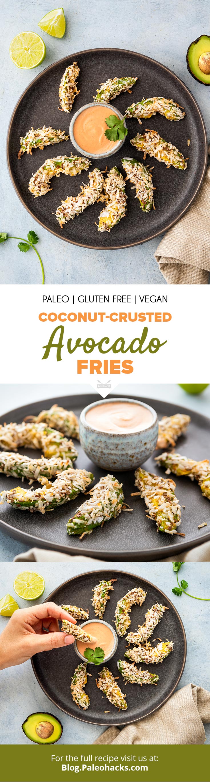 Want a creamy but crunchy side dish? These Coconut-Crusted Avocado Fries are light, healthy, gluten-free, dairy-free, egg-free and totally scrumptious.