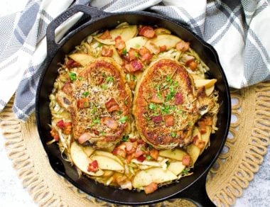 Whip up these apple-bacon pork chops in just one pan for a healthy, delicious weeknight meal. These pork chops are giving us sensory overload!