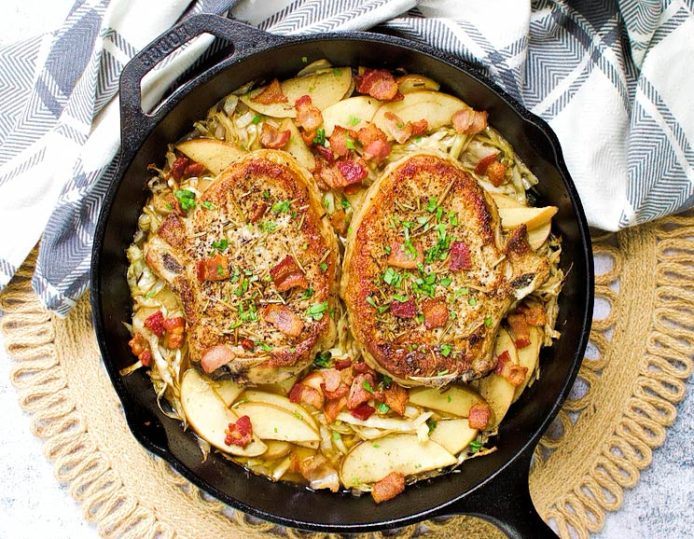 Skillet Pork Chops with Apple, Braised Bacon, and Cabbage