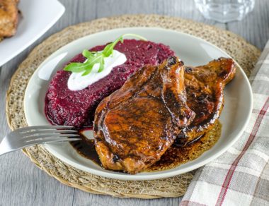 Jazz up your weekend with these tangy sweet pork chops, which are seared to perfection and served alongside a vibrant, smooth beet puree.