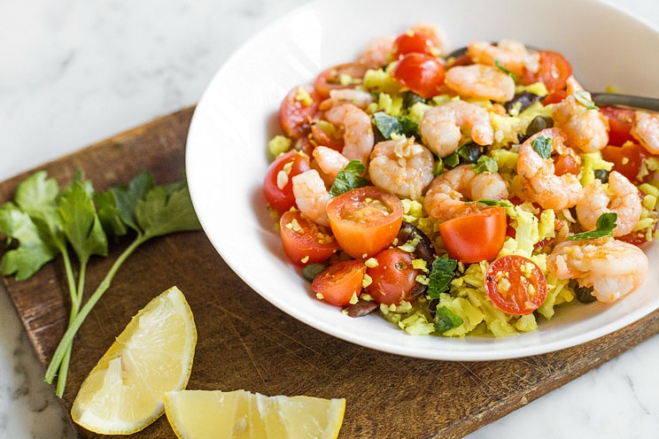 Mediterranean Cauliflower Couscous with Shrimp | Paleo, Low Carb