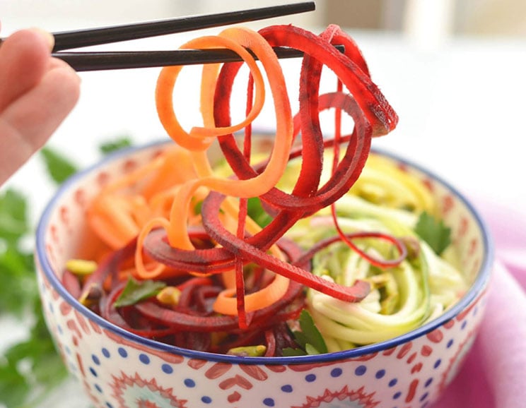 Spice lovers will fall head over heels for this Paleo rainbow pasta. The spicy sauce is cooked right in the pan with the veggies for a no-fuss meal!