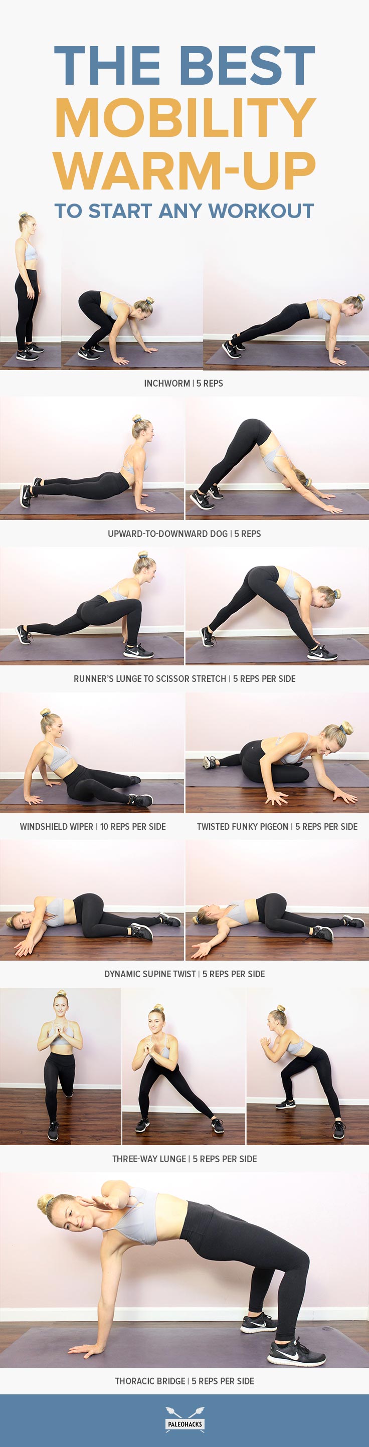 Do these eight mobility warm-up exercises before each workout to get your body ready for exercise. All you need is a soft surface or a mat.