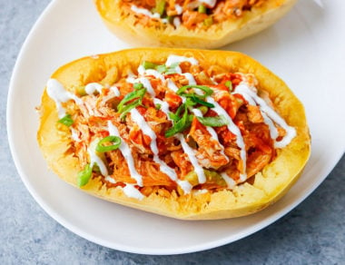 Combine the flavor of spicy wings with low-carb noodles in this buffalo chicken spaghetti squash. Drizzle creamy ranch over the top for a true show-stopper.