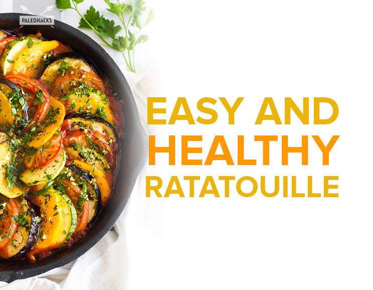 Roasted ratatouille is made with ultra-thin slices of tomato, eggplant, zucchini and butternut squash for a colorful meal that’s both vegan and Paleo!