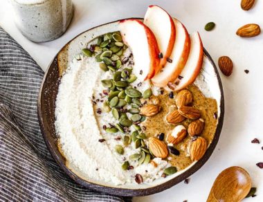 Hungry, but short on time? This nourishing coconut 'oatmeal' is made with only four ingredients for an unsuspecting tasty bowl of breakfast porridge!