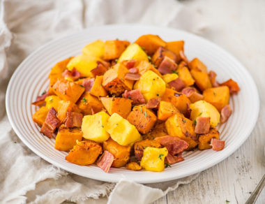 This mango bacon butternut squash hash is sweet, salty and savory. Top with a fried egg to bring your breakfast together with a little runny yolk.