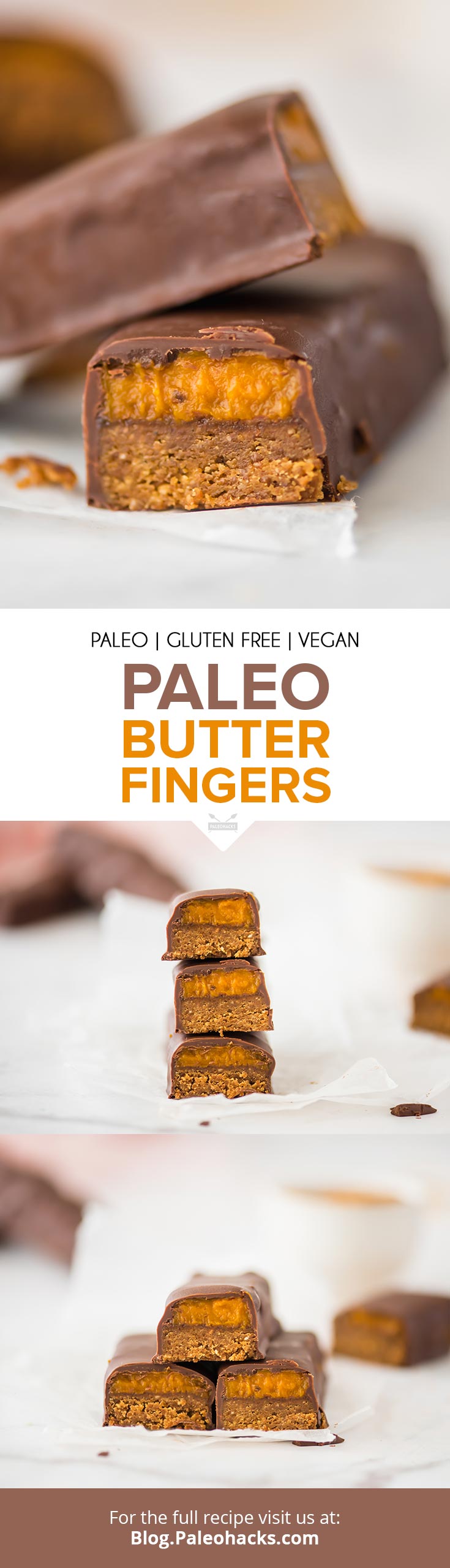 There’s something about a candy bar with a chocolate outside and a creamy, crunchy inside that we cannot resist. These paleo butter fingers hit the spot.