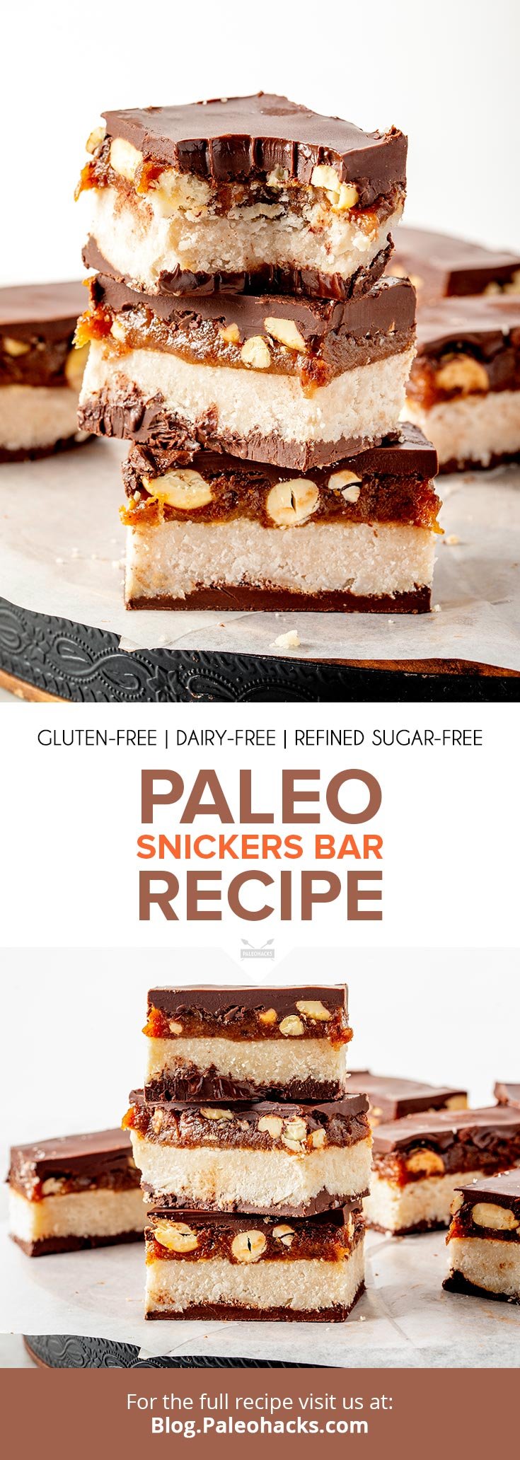 Craving candy? You’ll love this simple Paleo Snickers Bar, made with coconut butter, date caramel, crunchy chopped nuts, and delicious dark chocolate.