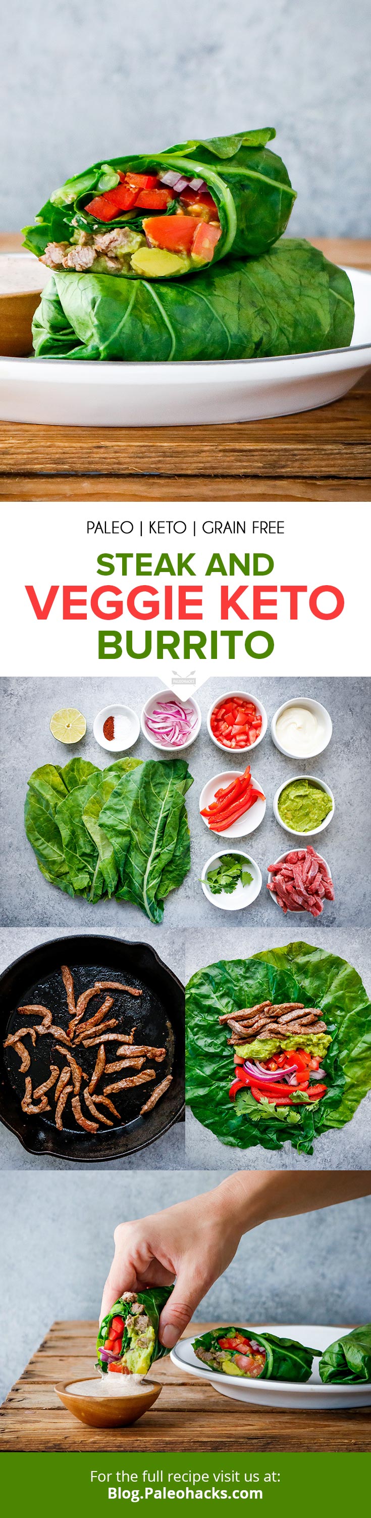 Wrap up your steak and veggie keto burrito in hearty collard greens and dip it in a creamy chipotle sauce for a fat-burning lunch.