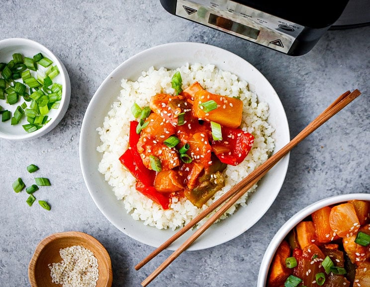 This slow cooker sweet and sour chicken makes weeknight dinner a breeze. Serve it over cauliflower rice and grab your chopsticks for the full experience.