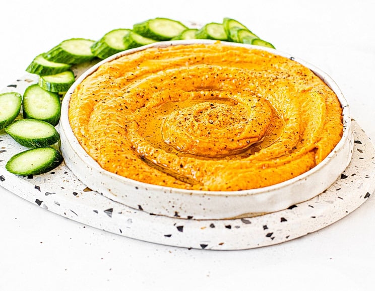 This sweet and spicy sweet potato hummus mimics the creamy texture of the spread you love while removing antinutrient-ridden legumes.