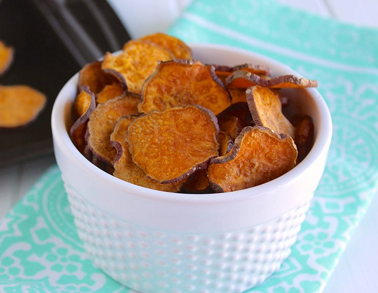These Paleo Sweet Potato Chips are crispy and flavorful! They are perfect for a crunchy snack or served next to you favorite Paleo soup or sandwich!