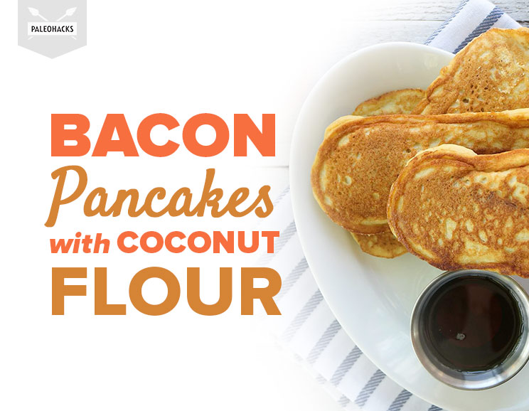 Jazz up breakfast with these handheld coconut flour bacon pancakes filled with crispy strips of bacon. Perfect for dunking in maple syrup!