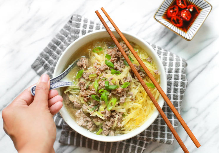 A no-noodle soup filled with hearty beef and healthy spaghetti squash in a cozy, clear broth.