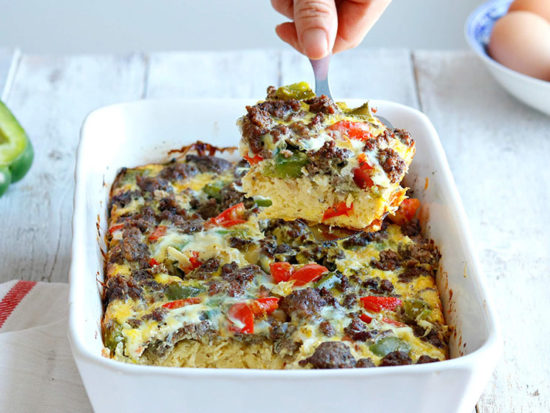 Feed a crowd with this low hassle breakfast casserole packed with hearty beef and veggies!