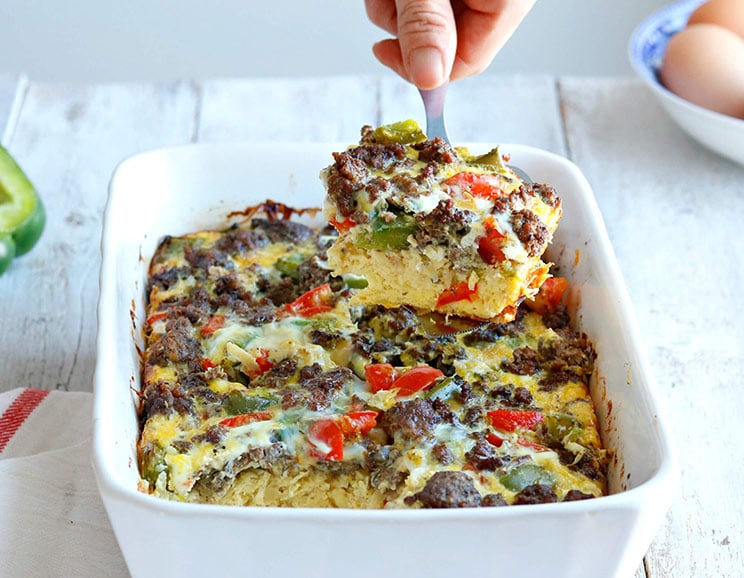 Feed a crowd with this low hassle breakfast casserole packed with hearty beef and veggies!